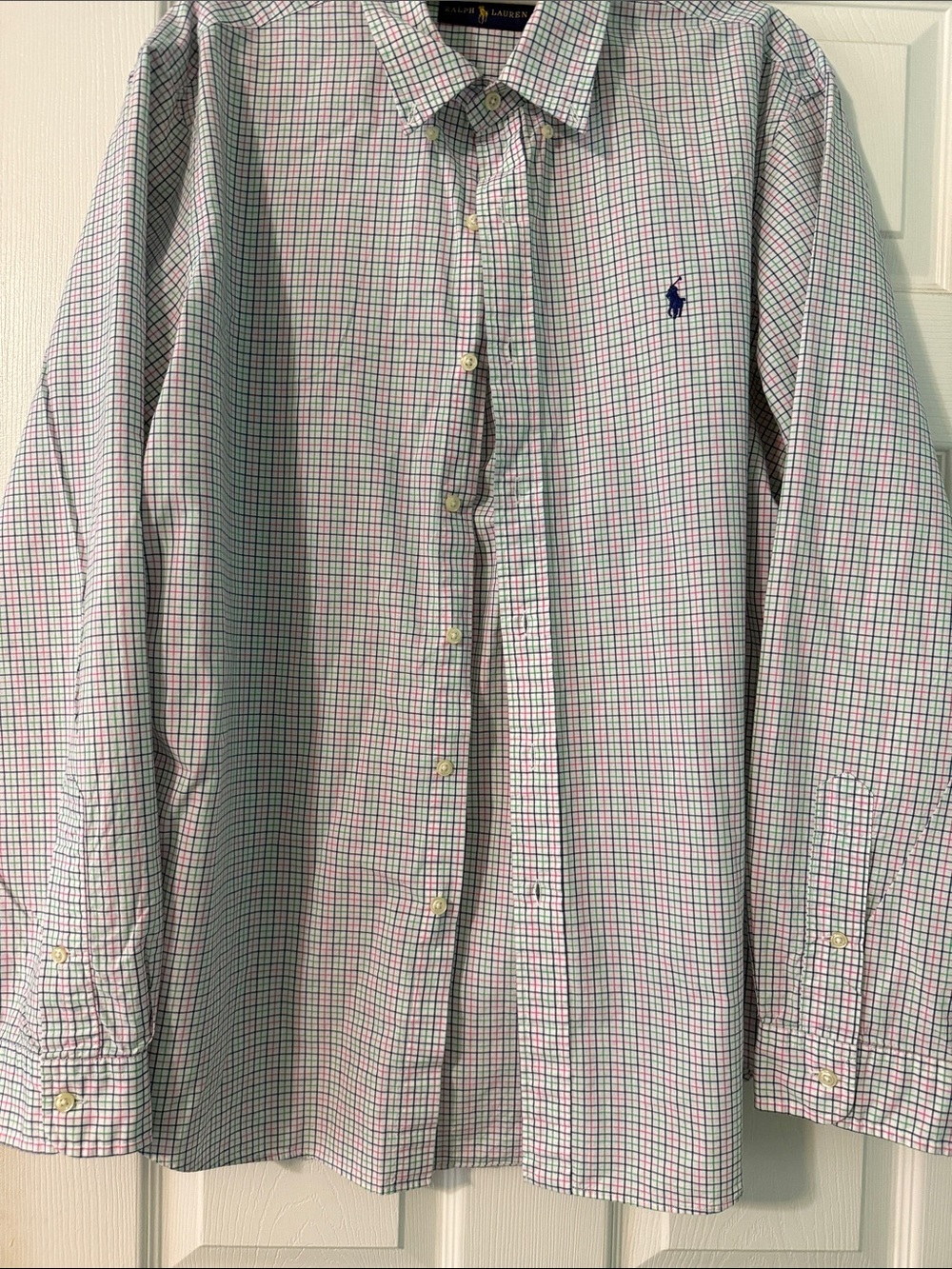Ralph Lauren White Button-Down Shirt with Green, Navy & Pink Check